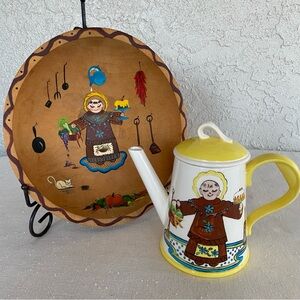 Vintage NM Folkart Wood Bowl Ceramic Teapot San Pasqual Patron Saint of Cooks